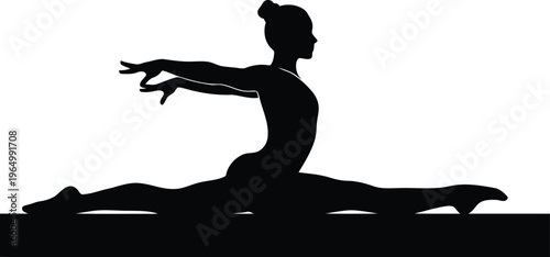 Black Silhouette of a Female Gymnast Performing a Split on a Balance Beam Isolated White