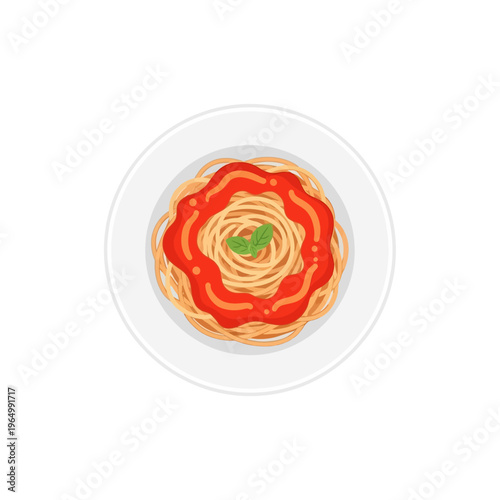 Delicious Spaghetti with Tomato Sauce and Basil Leaf on White Plate, Top View