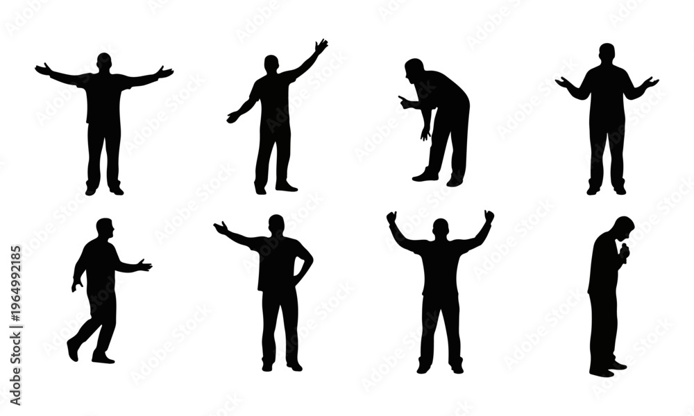 Obraz premium Set of black human silhouettes vector in various poses, isolated on white background