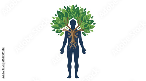 Human Body Silhouette with Tree Growth, Nature and Life Connection Concept