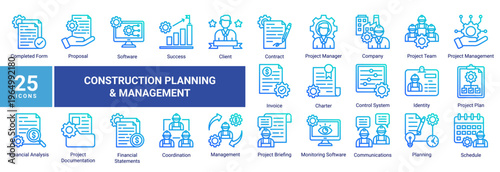 Construction Planning and Management icon set featuring project strategy,workflow,financial analysis,documentation,and team coordination.Ideal for business,management,and planning concepts.