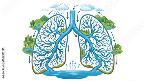 Human Lungs Shaped by Rivers and Nature, Clean Air and Water Cycle Concept
