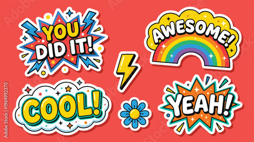 Vibrant Comic Style Motivational Stickers Collection for Social Media Marketing Youth Branding and Educational Rewards