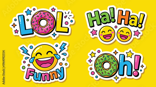 Vibrant Pop Art Sticker Collection Featuring Funny Emojis Donuts and Colorful Text for Youthful Marketing and Social Media Design