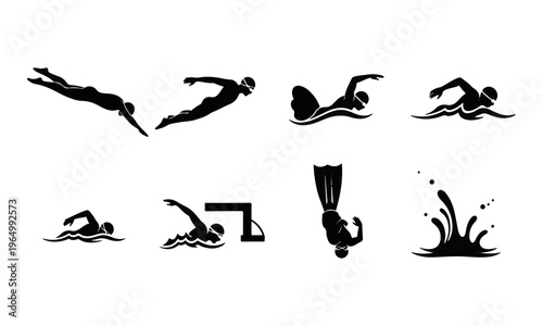 Collection of Black Swimming and Diving Icons Silhouettes Vector