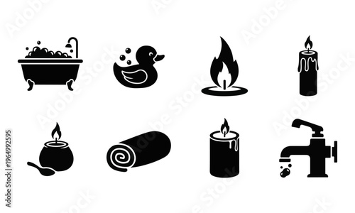 Set of Black Spa and Bathing Vector Icons with Bathtub, Candles, and Rubber Duck