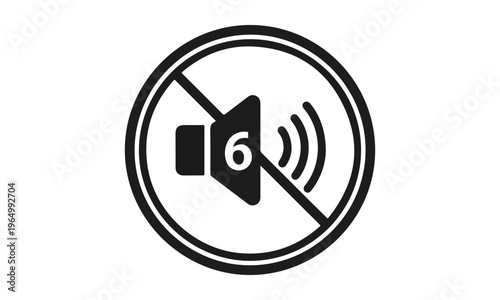 Isolated Black Minimalist Mute Speaker Vector Icon with Sound Off Symbol and Number 6