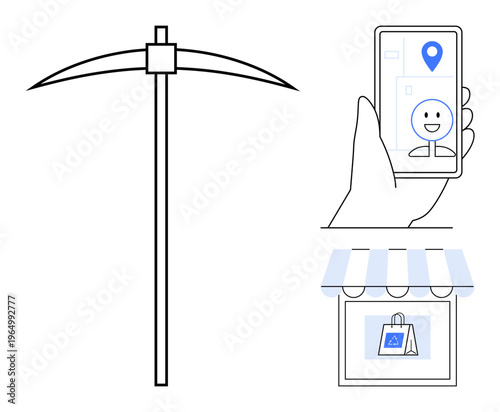 Mining, technology exploration, mobile usability, geolocation services, digital commerce, app development. Minimalist pickaxe, smartphone with geolocation and online store elements. Technology