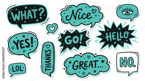 Teal Hand Drawn Speech Bubbles and Comic Style Message Stickers for Social Media Marketing and Digital Communication Assets