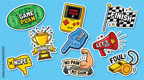 Colorful Vector Sticker Set with Sports Competition and Retro Gaming Icons for Youth Marketing and Motivational Social Media Content