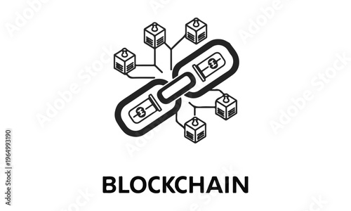 Black Line Vector Blockchain Icon Isolated with Interconnected Network and 'BLOCKCHAIN' Text