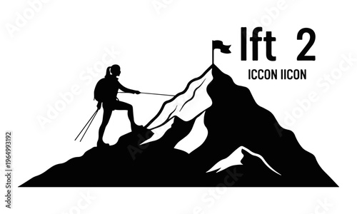 Mountain Climber Silhouette Vector Icon with Flag on Summit