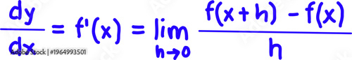 Close-up of derivative formula showing dy/dx definition with limit notation. Blue mathematical equation isolated, symbolizing calculus, analysis, and education.