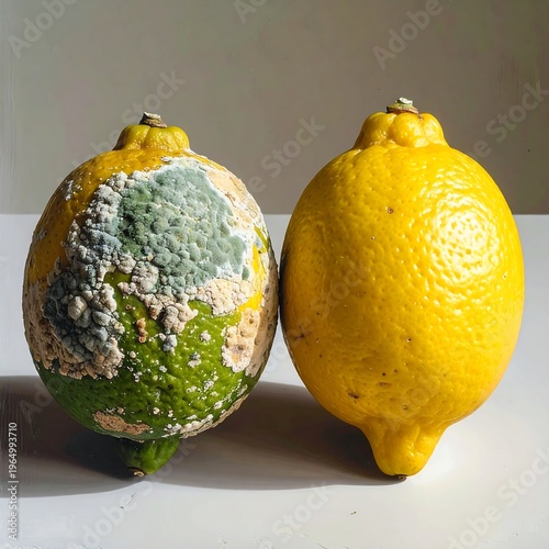 A moldy lemon next to a fresh one on a white surface