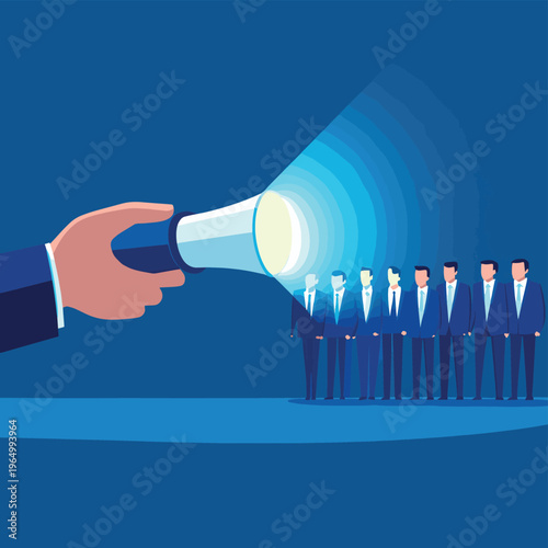 Reorganization or allocate resources, change team structure for efficiency, restructure organization, job roles concept, searching and hiring new candidates, hand shines a flashlig