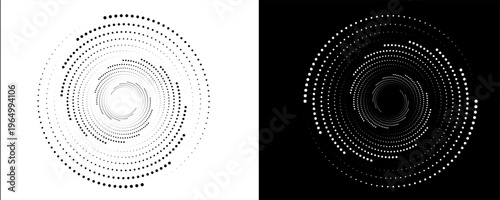 Modern abstract background. Halftone dots in circle form. Round logo. Vector dotted frame. Design element or icon. Black shape on a white background and the same white shape on the black side.