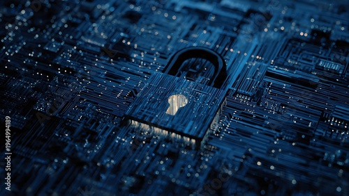Digital padlock icon on a dark blue circuit board with glowing elements