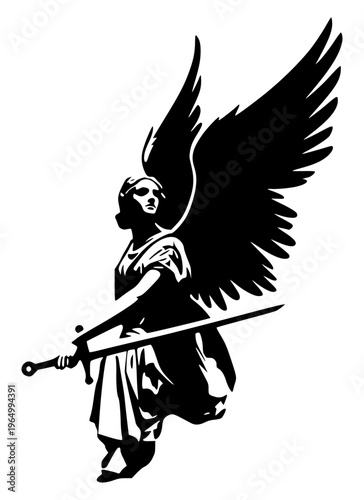 Minimalist vector silhouette of an angel with large wings holding a sword. This high-contrast black design represents divine protection, strength, and spiritual warfare.