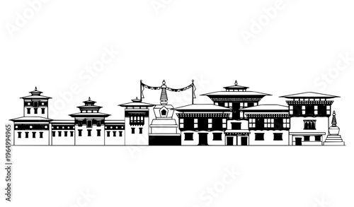 A minimalist black and white illustration of a Bhutanese temple complex
