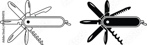 Swiss army knife open with multiple tools like knife, scissors, corkscrew, saw outline