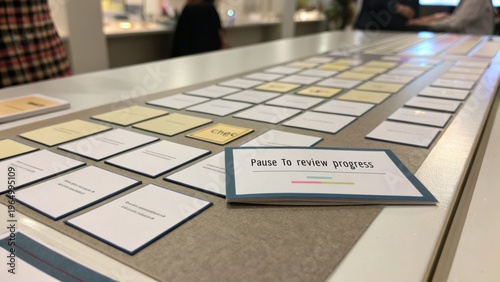 Organized workspace showcasing notes and cards for project review and progress evaluation in a collaborative setting
