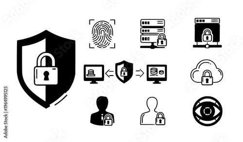 A vector graphic illustration of various security and protection icons and symbols