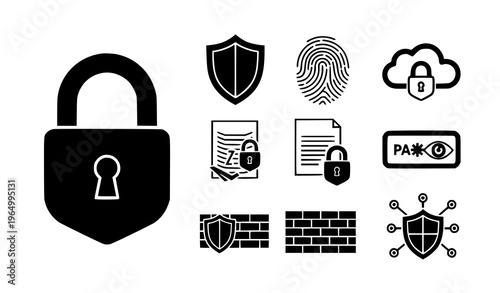 A set of security icons including padlocks and shields in a flat design style