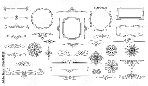 A collection of elegant black and white line art floral frames and borders