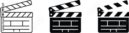 Clapperboard with stripes for film making and video production outline and filled icons