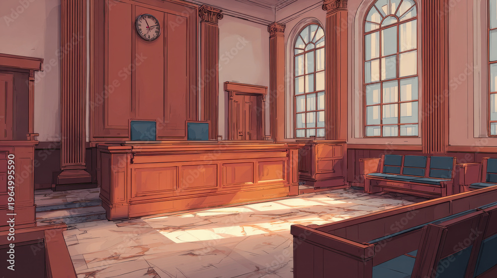 Fototapeta premium Courtroom law justice trial judge jury legal interior architecture government courtroom interior glows with warm sunlight across marble floor and wooden bench during quiet legal session