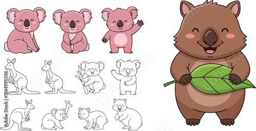 Cute Australian Animal Vector Collection with Koalas, Kangaroos, and Wombats in Multiple Poses, Cartoon-Style Illustrations for Kids, Education, and Digital Design Projects