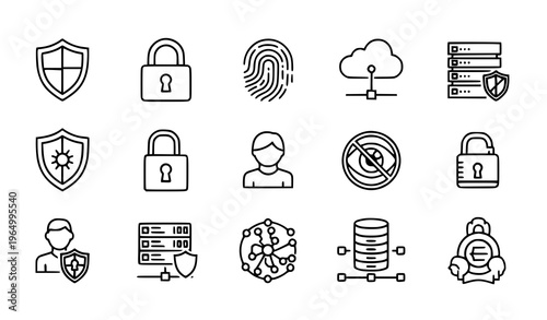 A set of cybersecurity icons in a flat, minimalist design style