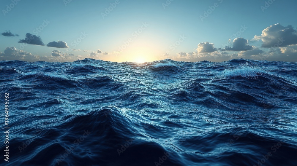 Obraz premium Deep Blue Ocean Waves Reflecting Golden Sunrise Sky with Wispy Clouds Over Calm Sea