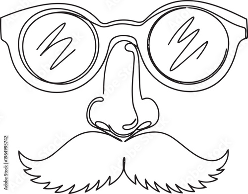 One line drawing of funny disguise glasses with a fake nose and mustache, perfect for costume parties and playful, humorous celebrations
