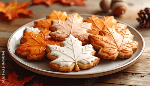 A plate of autumn leaf-shaped cookies on a wooden table