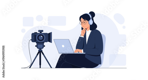 Woman with headphones and laptop filming with camera on tripod, online content creation