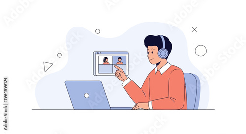 Man with headphones on video call on laptop, online communication, remote work concept