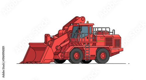 Large red industrial loader machine isolated on white background for construction work.