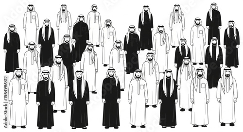 Group of Arab Men in Traditional Attire Standing Together.