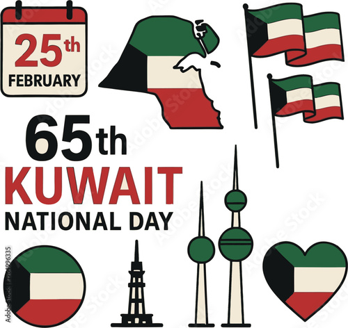 Vector graphic set celebrating Kuwait's national identity, featuring flags, country map, iconic landmarks, and a special February date for national pride and independence