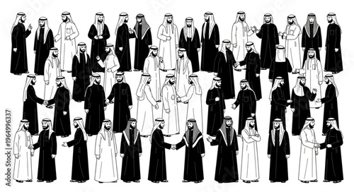 Group of Arab men in traditional attire, standing together.