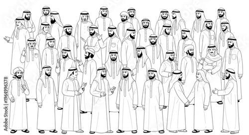 Group of Arab men in traditional attire standing together.