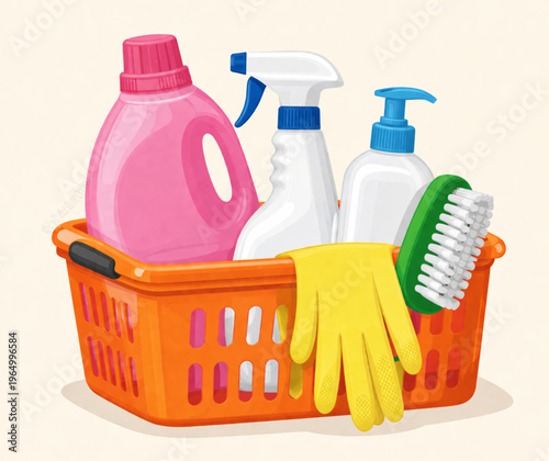 Basket filled with various cleaning supplies and tools