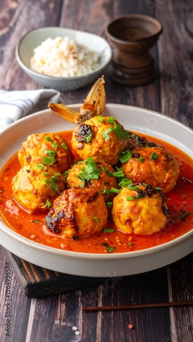 A plate of food with shrimp and rice on a wooden table
