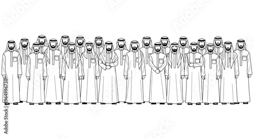 Group of Arab men in traditional attire standing together.