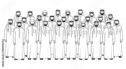 Group of Arab men in traditional attire standing together.