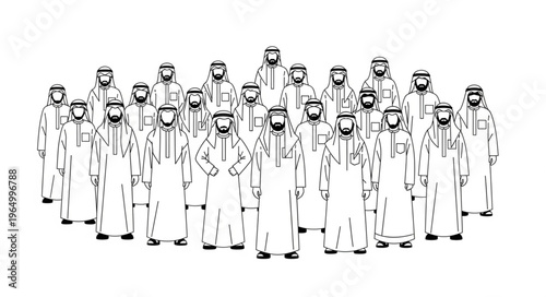 Group of Arab men in traditional attire, standing together.