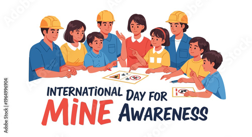 Illustration of diverse group of people wearing hard hats gathered around a table for International Day for Mine Awareness with educational materials.