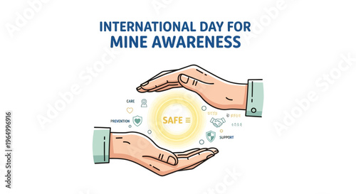Illustration of two hands cradling a glowing yellow circle with 'SAFE' text, surrounded by icons, for International Day for Mine Awareness and education on mine risk and humanitarian