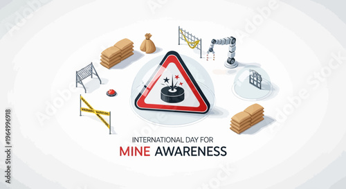 Illustration for International Day for Mine Awareness featuring a mine hazard warning sign with various objects, conveying a security and educational theme in a flat design style with a